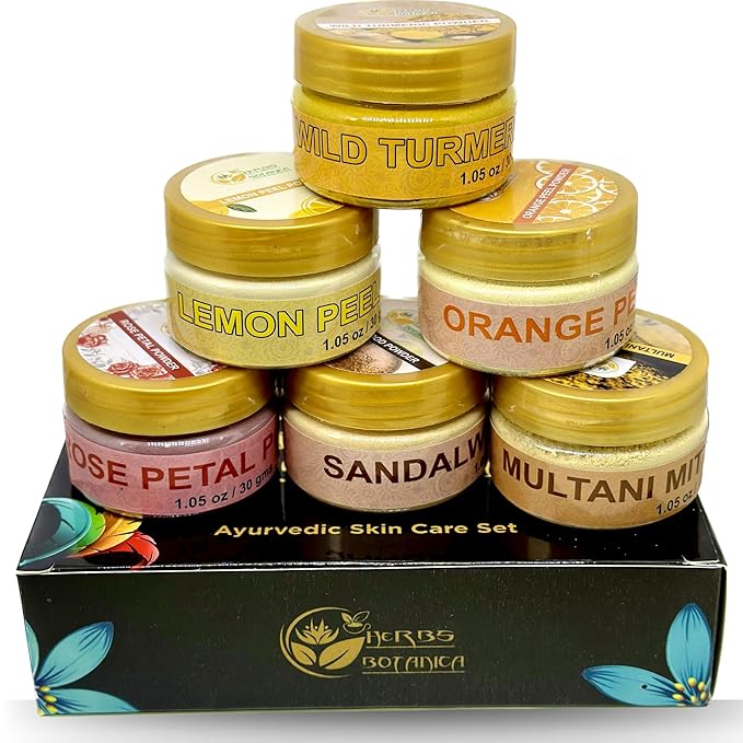 Herbs Botanica Natural Radiance Skin Care Sampler | Sandalwood Powder, Orange Peel Powder, Lemon Peel Powder, Rose Petals Powder, Wild Turmeric Powder, Multanni Mitti Powder 1 oz Each In Gift Pack