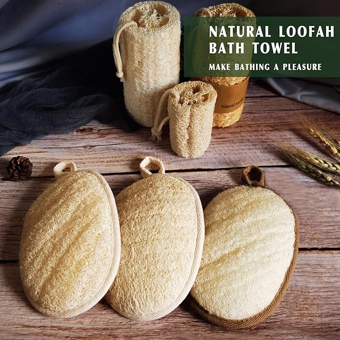 YIQINGJIE Natural Loofah Sponge Exfoliating Body Scrubber(4 Packs),Made with Eco-Friendly and Biodegradable Soft Shower Luffa Sponge, Loofah for Women and Men, Brown