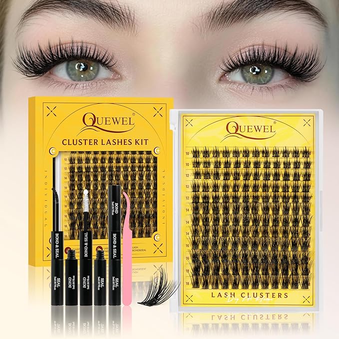QUEWEL Lash Clusters Kit, 144PCS Natural Lash Custers with Lash Bond and Seal, C Curl Wispy Cluster Lashes Natural Look with Thin Band Easy to use for Beginners (DJ-FD-E）