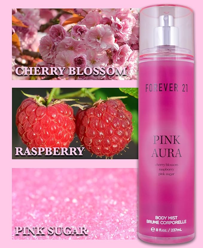 Forever 21 Pink Aura Body Spray Mist | Lightweight & Flirty Everyday Scent | Sweet Body Spray with Cherry Blossom Top Notes, Raspberry and Pink Sugar | 8 fl. oz.