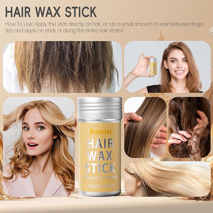 Acomler Hair Wax Stick, Wax Stick for Hair, Hair Stick for Flyaways, Fly Away Stick for Hair Non-greasy, Bun Maker Styling Waxes, Styling Cream Pomade Gel Tamer for Women, Kids, Girls (1 Pack, 2.7oz)