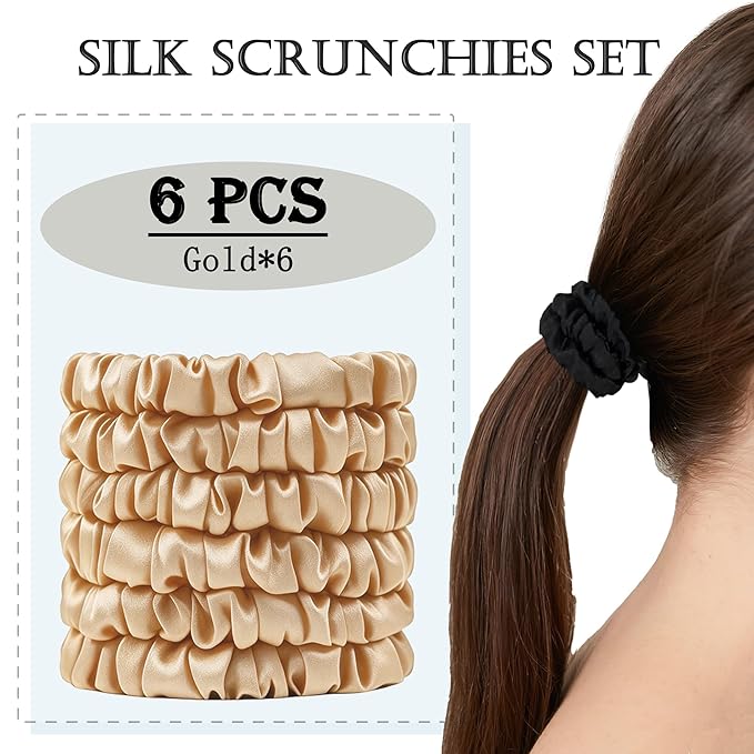 Silk Hair Ties 6Pcs, 22 Momme Pure 100% Mulberry Silk Scrunchies for Women, No Damage Silk Scrunchies for Hair, Gold