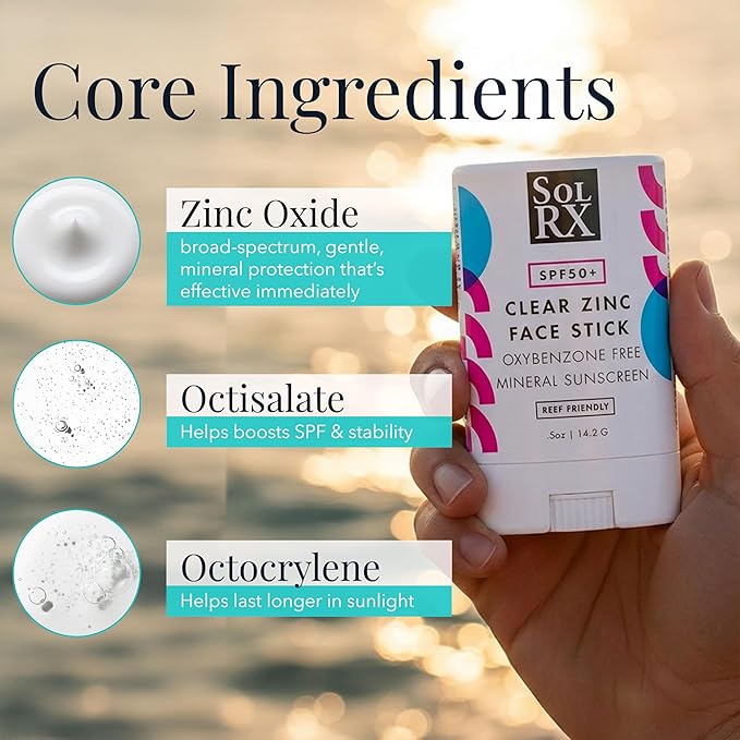 SolRX MINERAL SPF 50 Sunscreen Stick for Face - Zinc Oxide Sunsceen Stick, Clear, Non-Greasy