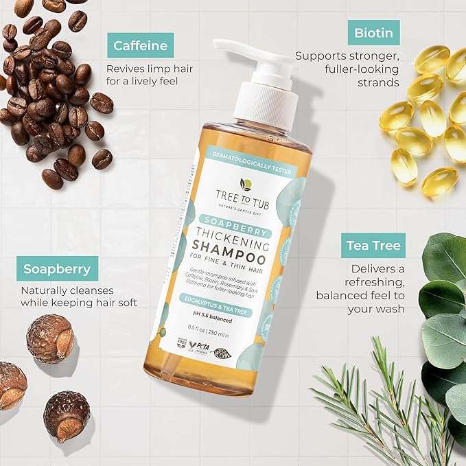 Tree To Tub Biotin Fine Hair Thickening Shampoo for Thicker, Fuller Volume - Gentle Volumizing Sulfate Free Argan Oil Shampoo for Women & Men w/Caffeine, Organic Saw Palmetto, All Natural Tea Tree
