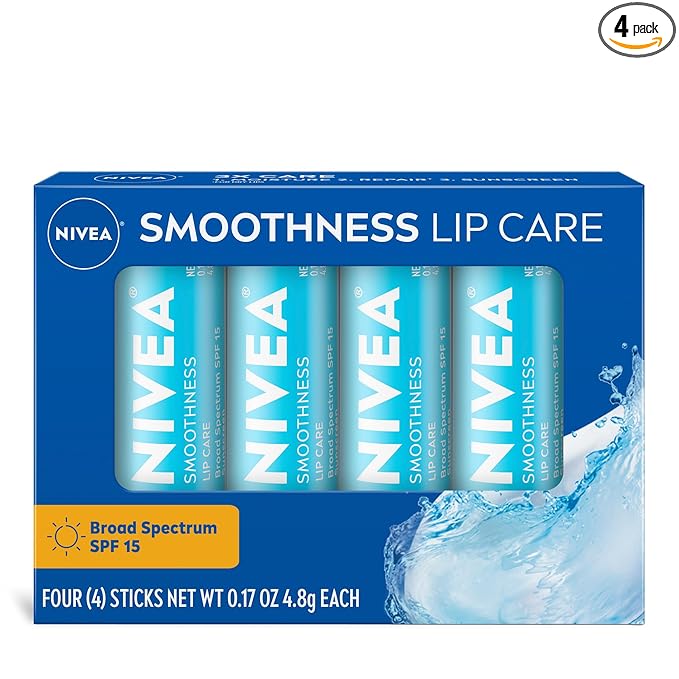 NIVEA Smoothness Lip Care, Sunscreen Lip Balm with SPF 15 Broad Spectrum, Shea Butter, Nourishing Oils and Vitamin C & E, 3-in-1 Moisture, Repair and Sunscreen, 0.17 Oz Stick, Pack of 4