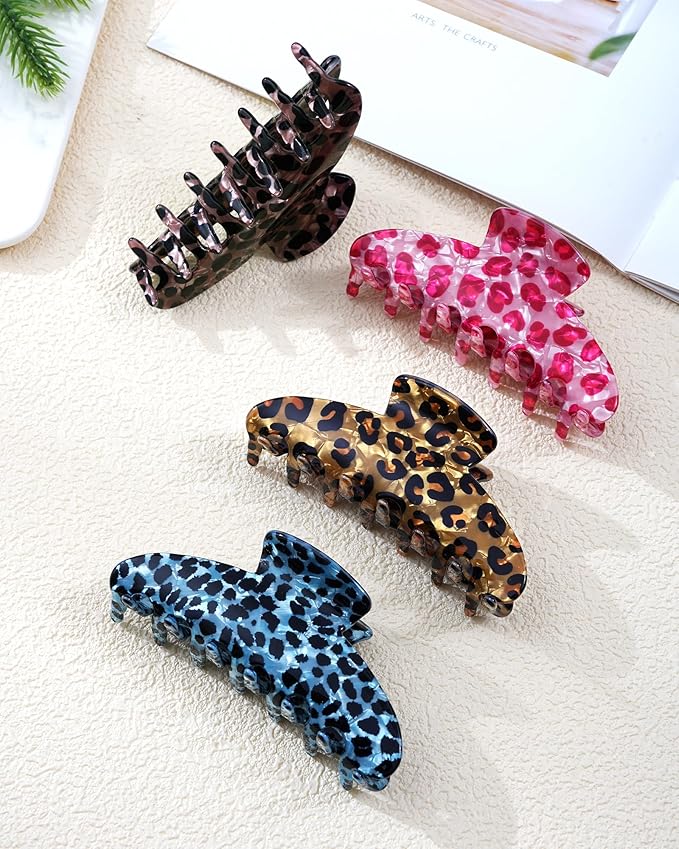 Mesovor 4 Pack Acrylic Hair Clips Claws, Nonslip 3.94" Large Hair Grip Hairclips for Thin and Thick | French Banana Barrettes Hair Strong Hold Hair Jaw Clamps (Pink Leopard)