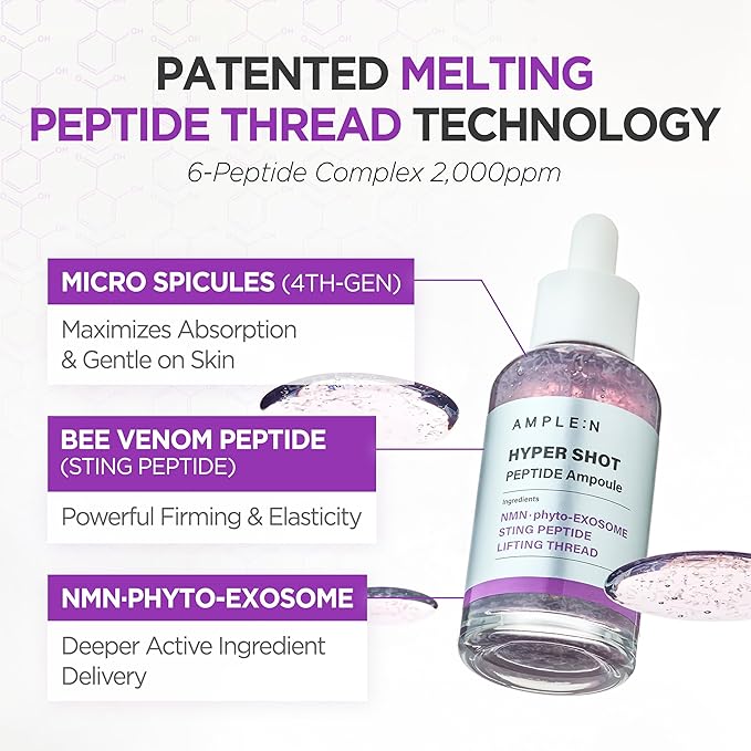AMPLE:N Hyper Shot Peptide Ampoule - Korean Face Serum for Sagging Skin - Lifting, Firming, Elasticity with 2000ppm Peptide Complex Collagen Niacinamide Centella, Thread Technology, 2.7 fl.oz.
