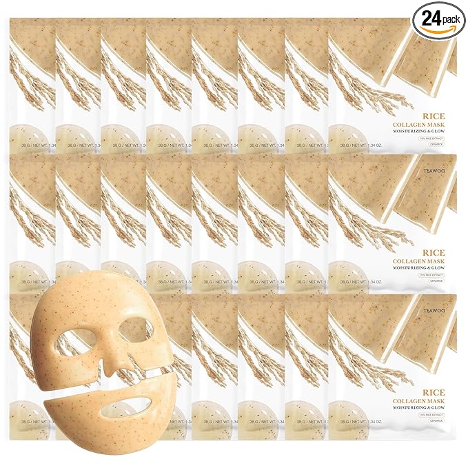 TEAWOO Rice Deep Collagen Face Mask, 38g x 24 EA, Moisturizing and Hydrating Overnight Facial Mask, Contains Ceramide & Collagen for Glass Glow Skin, Korean Skincare