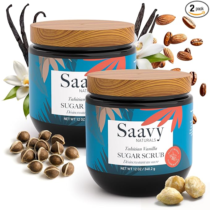 Saavy Naturals Body Scrub - Scented Sugar Vanilla Extract, Natural Body Scrub & Vegan Exfoliating with Vitamin E, Gentle for Sensitive Skin – Made in USA – Tahitian Vanilla (2 Packs) - 12 oz