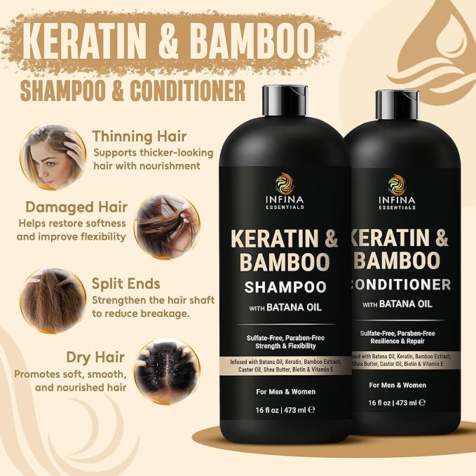 INFINA ESSENTIALS Keratin Shampoo and Conditioner Set | Frizz Control & Smoothing with Batana Oil & Bamboo Extract | Sulfate-Free | Men & Women | 16 fl oz Each