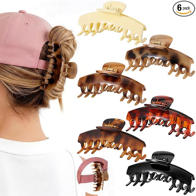 6 Pcs Hat Claw Clip for Women, Hat-Friendly Claw Clips for Trucker Hat & Baseball Cap - 4.3 Inch Large Tortoise Hat Claw Clip for Medium/Thick Hair, Non-Slip Trucker Hat Hair Clips Accessories