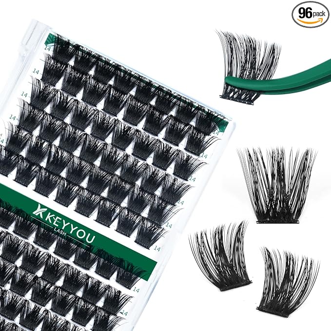 KEYYOU Lash Clusters 96pcs Individual Lashes Y02 D Curl 14mm Eyelash Clusters Volume Wispy Lash Extension Soft&Comfortable Easy DIY Lash Extension at Home(Y02,D-14mm)