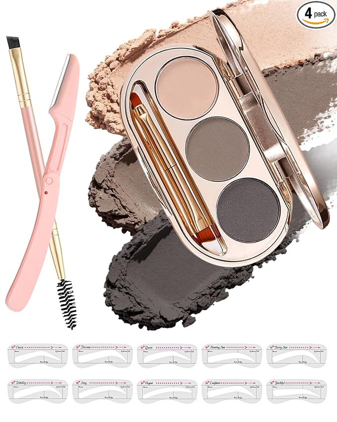 Waterproof Eyebrow Powder Kit - 3 Colors Long-Lasting Brow Powder Palette with Brush Razor & Stencil, Natural Tinting Powder for Women Sparse Brows | #01 Skin, Light Brown, Dark Brown