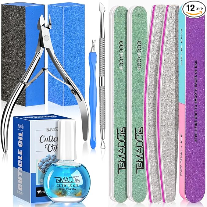 TsMADDTs Nail Manicure Kit with 3 Nail Files, 2 Buffer Blocks, Cuticle Tool with Trimmer, Pusher and Cuticle Oil for Women Nail Care