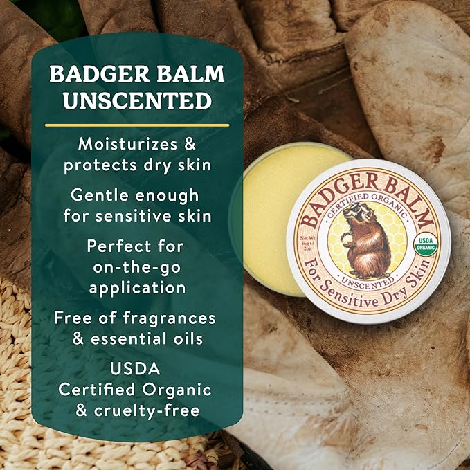 Badger Balm Unscented, 100% Organic Olive Oil & Beeswax, Fragrance Free Hand Cream, Long Lasting Sensitive Skin Moisturizer, 2 oz Tin