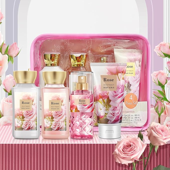 Rose Spa Gift Set For Women - 4PCS Luxury Bath and Body Kit with Shower Gel, Body Scrub, Lotion & Body Mist - Portable Travel Size Self Care Gift for Mom, Wife, Teens, Friends or Her