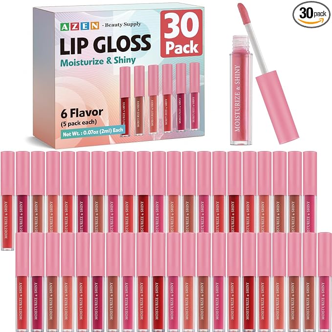 AZEN 30 Pack Lip Gloss Bulk Set, Shimmery Lip Gloss for Women and Girls With Rich Varied Colors, Mothers Day Gifts for Women