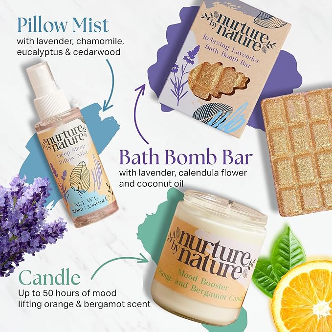 Nurture by Nature Spa Gifts for Women - Mothers Day Gifts for Mom, Self Care Gift Set & Spa Gift Basket for Women, 6 Piece Bath Set with Candle, Bath Bomb, Salts & Pillow Spray - Relaxation Gifts