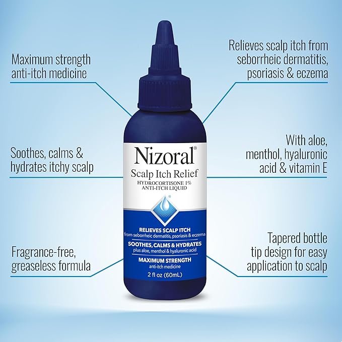 Nizoral Scalp Itch Relief Liquid—Relieves Scalp Itch and Soothes, Calms and Hydrates with Maximum Strength Anti-Itch Medicine (Hydrocortisone 1%), 2 Fl Oz