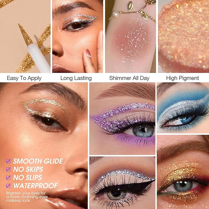 LAIKME Green Glitter Liquid Eyeliner, Shimmer Eyeliner, Long-Lasting Smudge-Proof, Waterproof, Quick-Dry, High Pigment Sparkly Glitter Eye Liner with Ultra-Fine Tip for Parties Festivals