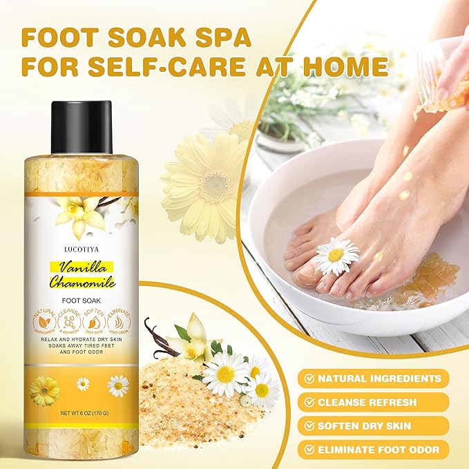 LUCOTIYA Foot Soak Set Pedicure Kit, Vanilla chamomile Foot Soak Salts, File, Scrub & Urea Cream,Pedicure Supplies for Dry Cracked Feet for Women