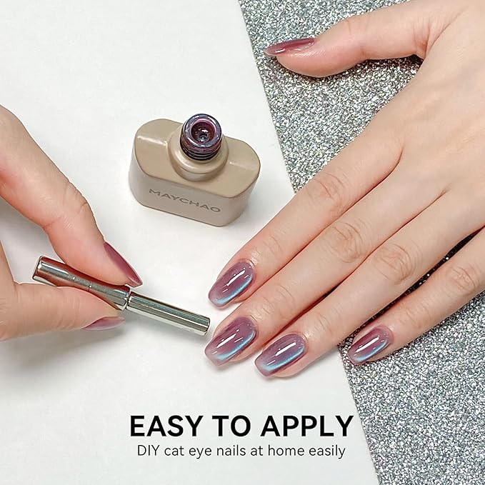 MAYCHAO 15ML Ice Glass Purple Cat Eye Gel Nail Polish 1Pc Purple Cat Eye Holographic Glitter Shimmer Translucent Sheer Gel Polish Soak off Nail Polish for Nail Art Manicure Salon DIY at Home, 0.5 OZ