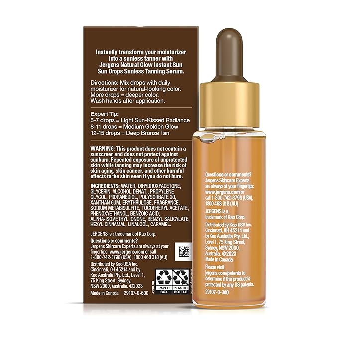 Jergens Natural Glow Instant Sun Drops, Sunless Tanning for Face and Body, Instant Sun Bronzing Drops, Oil Free, 1 Fl Oz