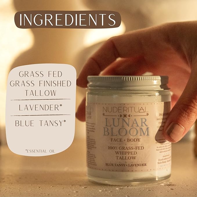 100% Grass-Fed Beef Tallow – Whipped Body Butter Moisturizer for Face & Body – USA Made Natural Lotion Alternative for Dry, Sensitive Skin – 4 oz (Lunar Bloom – Lavender & Blue Tansy)