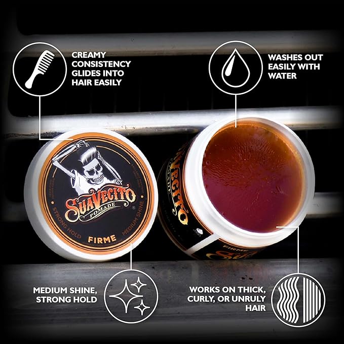 Suavecito Pomade Firme (Strong) Hold 4 oz, 3 Pack - Strong Hold Hair Pomade For Men - Medium Shine Water Based Wax Like Flake Free Hair Gel - Easy To Wash Out - All Day Hold For All Hair Styles