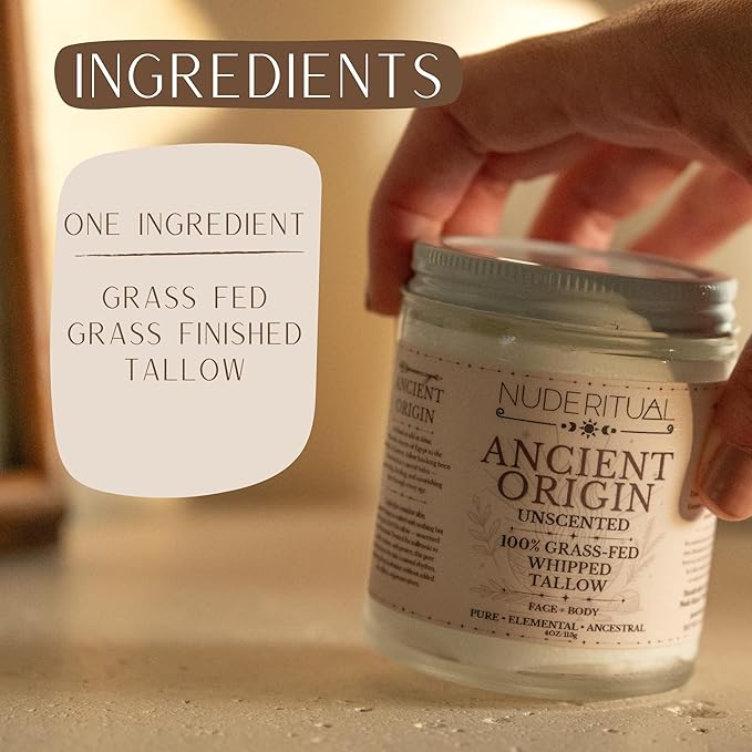 100% Grass-Fed Beef Tallow – Whipped Body Butter Moisturizer for Face & Body – USA Made Natural Lotion Alternative for Dry, Sensitive Skin – 4 oz (Ancient Origin – Unscented)