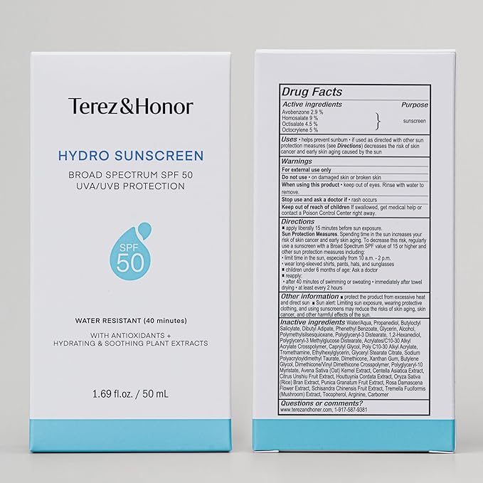 Terez & Honor Sunscreen for Face: Hydrating Face Sunscreen Broad Spectrum SPF 50 with UVA/UVB Protection - Moisturizing, Soothing, Water-Resistant, No-White Cast & Non-Greasy - Korean Sun Care 1.69oz