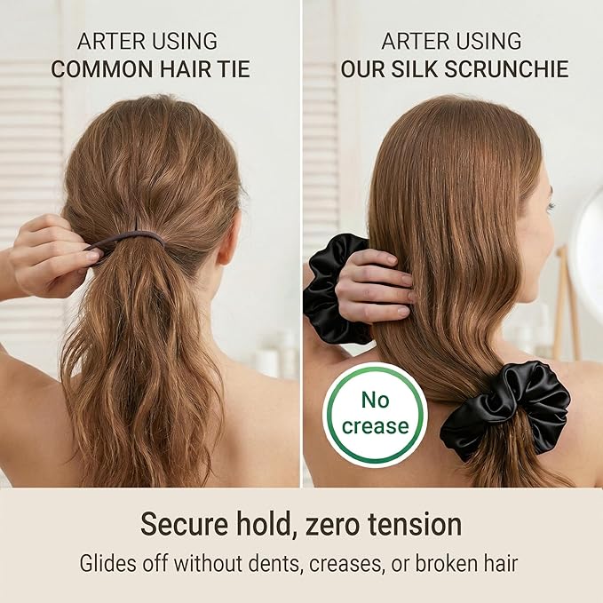ZLYC 100% Mulberry Silk Hair Tie Scrunchie 19 Momme Gentle Creaseless Dent-Free Ponytail Holder for Women, 6cm Solid Black