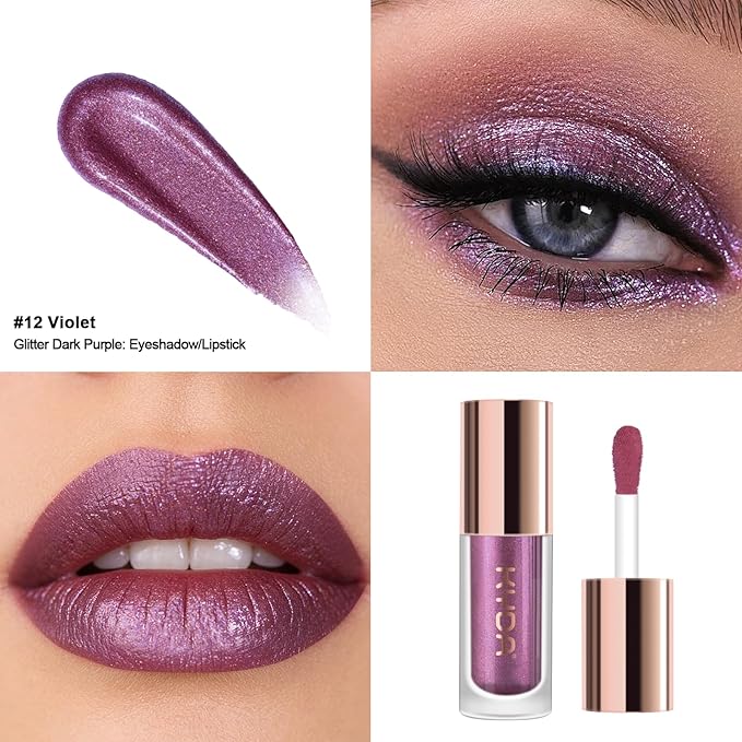 KYDA Liquid Glitter Eyeshadow, High Pigment Dark Purple Metallic Glittery Finish, Soft Lightweight Creamy Formula, One-Swipe Coverage, Long-wearing Crease-Resistant Eyes Glitter Makeup, 0.25oz