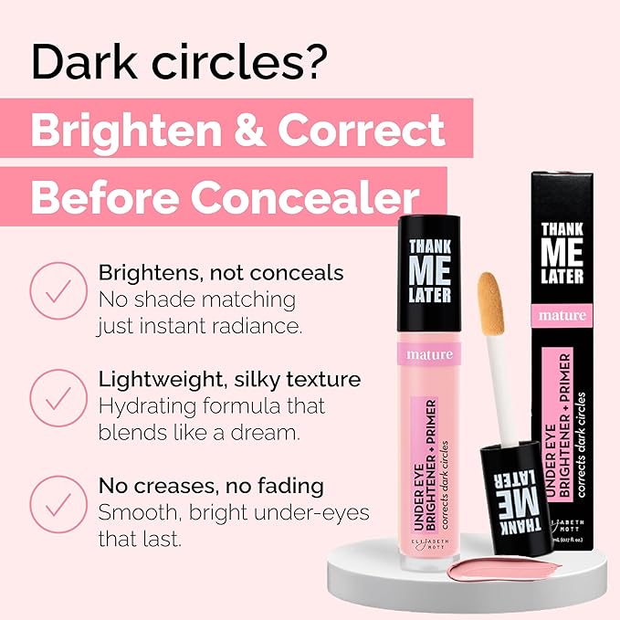 Elizabeth Mott Thank Me Later Under Eye Brightener & Primer – Hydrating Color Corrector and Concealer Primer for Dark Circles – Smooth Base for Mature Skin – Lightweight Formula, Light Shade 5ml