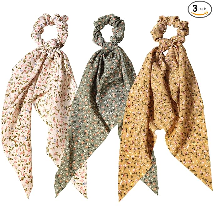 3pcs Women Ribbon Scrunchies Bow Knotted Classic Floral Pattern Hair Ties Vintage Bunny Ear Ponytail Holders Hair Accessories