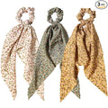 3pcs Women Ribbon Scrunchies Bow Knotted Classic Floral Pattern Hair Ties Vintage Bunny Ear Ponytail Holders Hair Accessories