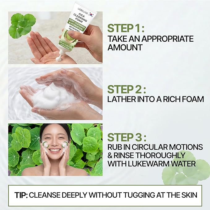 LEBELAGE Korean Cica Facial Cleanser 3.38 oz | Cleansing Foam Face Wash | Low pH Gentle Hydrating Daily Facial Cleanser Sensitive Skin | Deep Cleansing Foaming Cleanser, Pore Care-All Skin Types