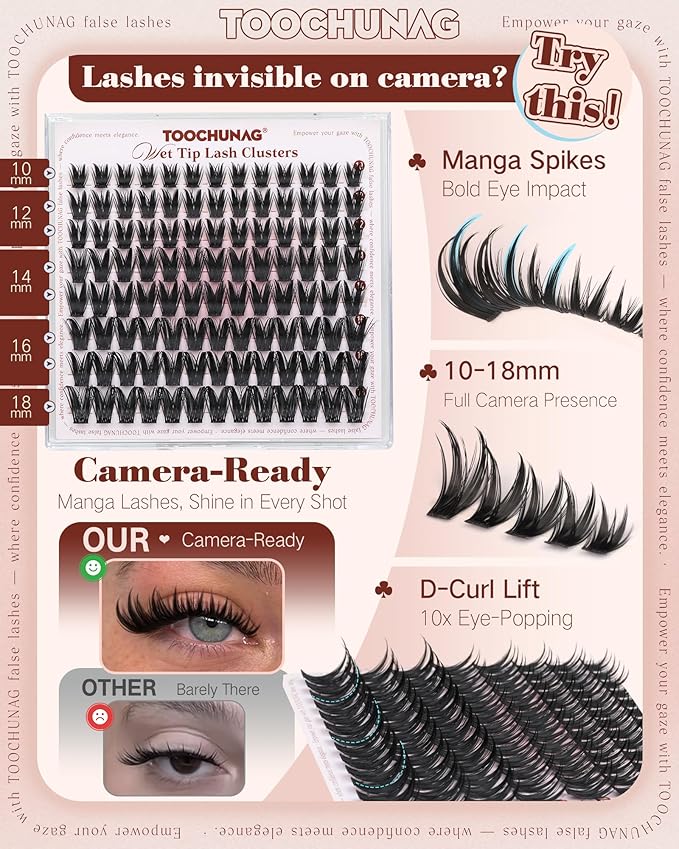 TOOCHUNAG Manga Lash Clusters Kit Bunny Eyelashes Clusters 10-18mm Volume Spiky DIY Cluster Lashes Extension Kit with White Lash Bond and Seal D Curly Baddie Anime Eye Cluster Eyelash Extensions