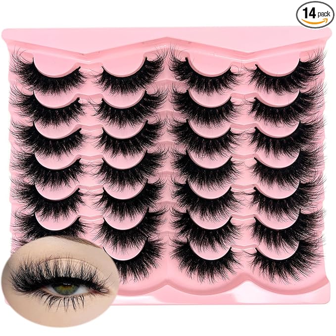 loladook Mink Lashes Strip Cat Eye Wispy D Curl Fluffy Lashes Pack 18mm Long Volume Faux Mink Eyelashes Natural Look 14 Pairs