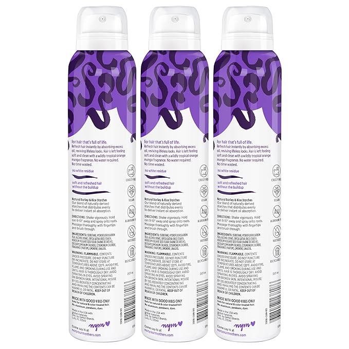Not Your Mother's Plump For Joy Dry Shampoo (3-Pack) - 4.4 oz Each - Instant Oil Absorption for Soft, Clean Hair - Orange Mango - Body Building Hair Refresh Between Washes