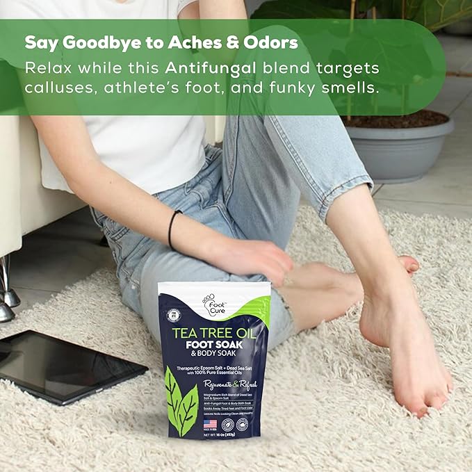 FOOT CURE Tea Tree Oil Foot Soak with Epsom Salts- for Foot Pain, Soreness, Athletes Foot, Odors, Toe Nail Fungus, Fungal, Calluses (Pack of 4)