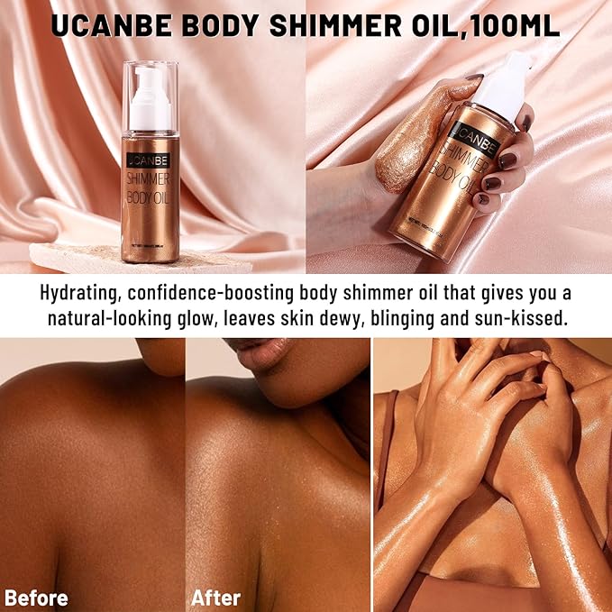 UCANBE Body Shimmer Oil 100ml, Moisturizing Body Glow Glitter Oil, Waterproof Shimmering Luminizer Liquid Illuminator Highlighter, Tinted Shimmer Lotion Glowing Bronzer Makeup(Golden Brown)