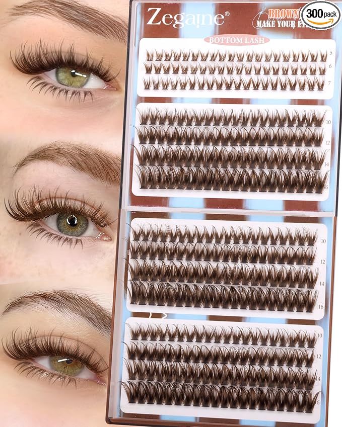 Brown Lash Clusters With Bottom Eyelash Clusters Natural Look Cluster Eyelash Extensions 300Pcs Brown Wispy Lash Clusters D-Curly Individual Lashes 10-16MM by Zegaine