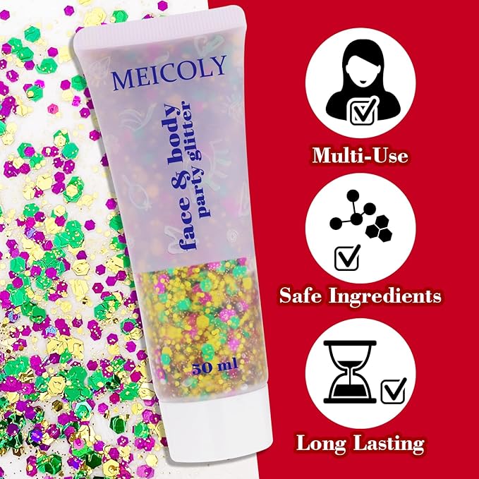 MEICOLY Mardi Gras Face Glitter Gel, Holographic Face Glitter, Skin-Friendly Hair Accessories for Kids & Adults, Gold Green Purple Mixed Chunky Glitter for Mardi Gras Carnival,Festival Party