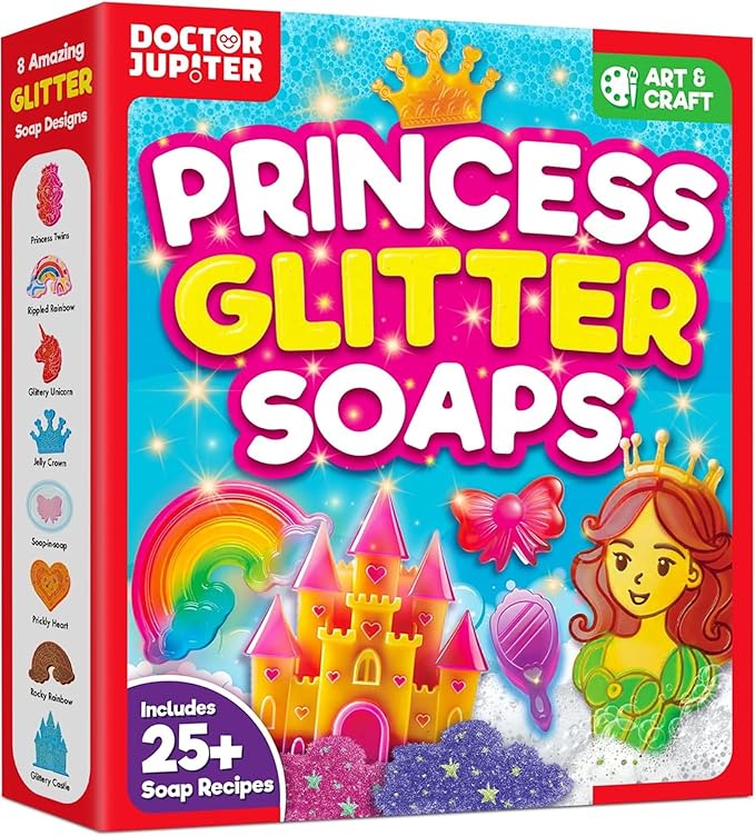 Doctor Jupiter Princess Glitter Soap Making Kit for Kids, DIY Crafts for Girls Ages 4-5-6-7-8 | Princess Toys, Birthday Gift Ideas for 4+ Year olds | 25+ Soap Recipes