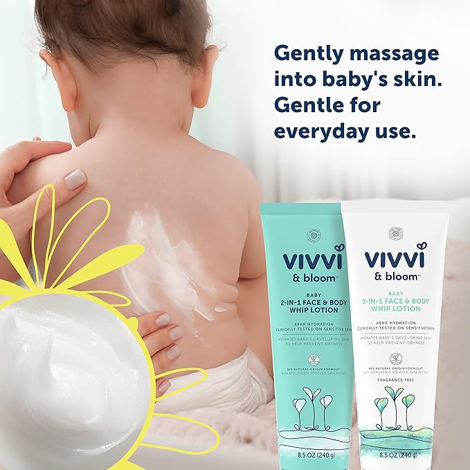 VIVVI & Bloom 2-in-1 Baby Lotion, Face and Body, for Delicate & Sensitive Baby Skin, Hypoallergenic Lotion, Fragrance Free, 8.5 oz (Pack of 1)