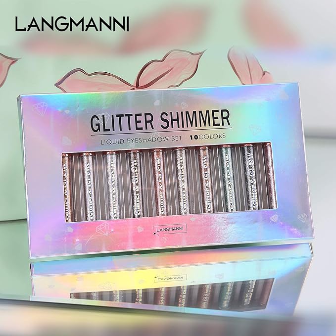 LANGMANNI 10 Pcs Liquid Glitter Eyeshadow,Metallic Shimmer Eyeshadow Sweatproof Makeup Set,Glitter Pressed All Highly Pigmented Blending Powder For Woman & Girl (10pcs)