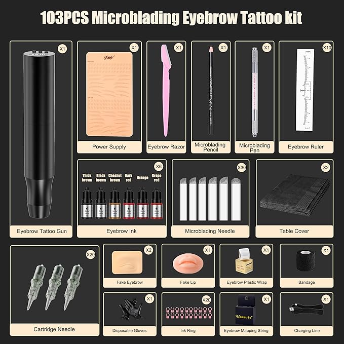 Beginners Microblading Tattoo Gun Kit, Professional Cordless Tattoo Pen & Eyebrow Pencil Set for Makeup Supplies, 1400mAh Semi-Permanent Eyebrow Tattoo Machine with 50Pcs Needles (Black)