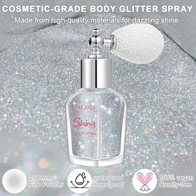 Hair and Body Glitter Spray, Shimmering Powder Sparkle Powder Makeup, Glitter Loose Sparkle Makeup for Body Highlighter,Festival Prom Rave Accessories (Silver)