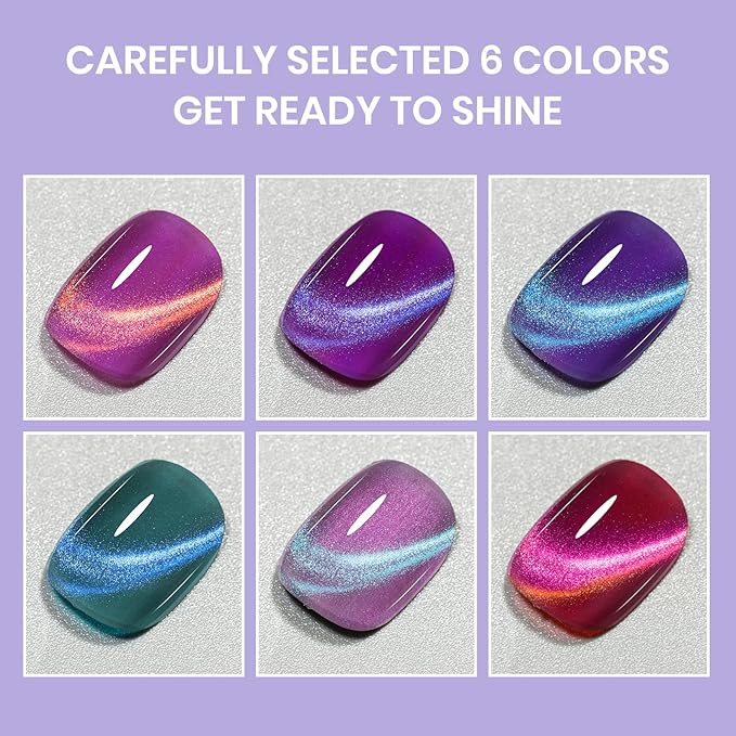Cat Eye Nail Polish Set, Quick Dry Magnetic Nail Polish Non Gel with Magnet, Multi-Color Holographic Glitter Cateye Nail Lacquer High Glossy DIY Salon Gift for Women Girl